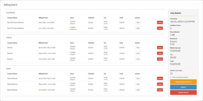 Atera PSA billing batch screen listing contracts totals and invoice actions