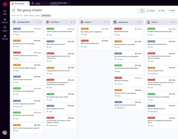 SuperOps PSA group tickets board showing ticket statuses across teams